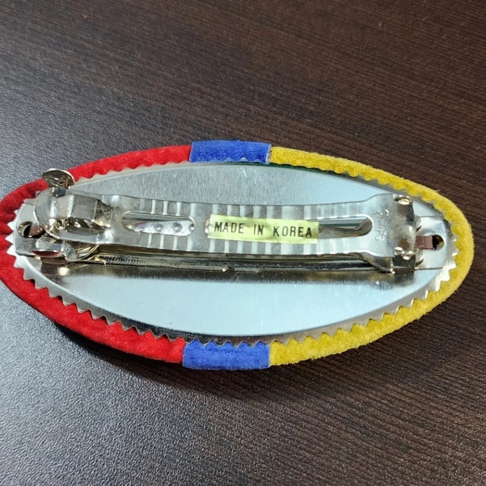 VINTAGE 80s COLOR BLOCK LEATHER BARRETTE OVERSIZED RED BLUE YELLOW HAIR CLIP